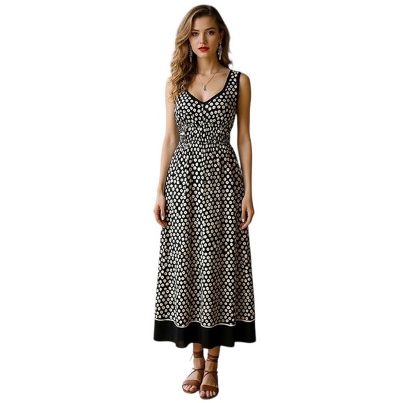 Hoss Intropia Polkadot Maxi Dress Sz 8 Cream Black Silk Resort Boho Feminine - Picture 1 of 12